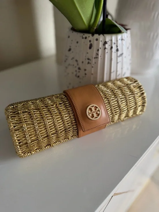 Gold Tory Burch Straw Clutch Bag with Tan Leather Accent - Picture 1 of 2